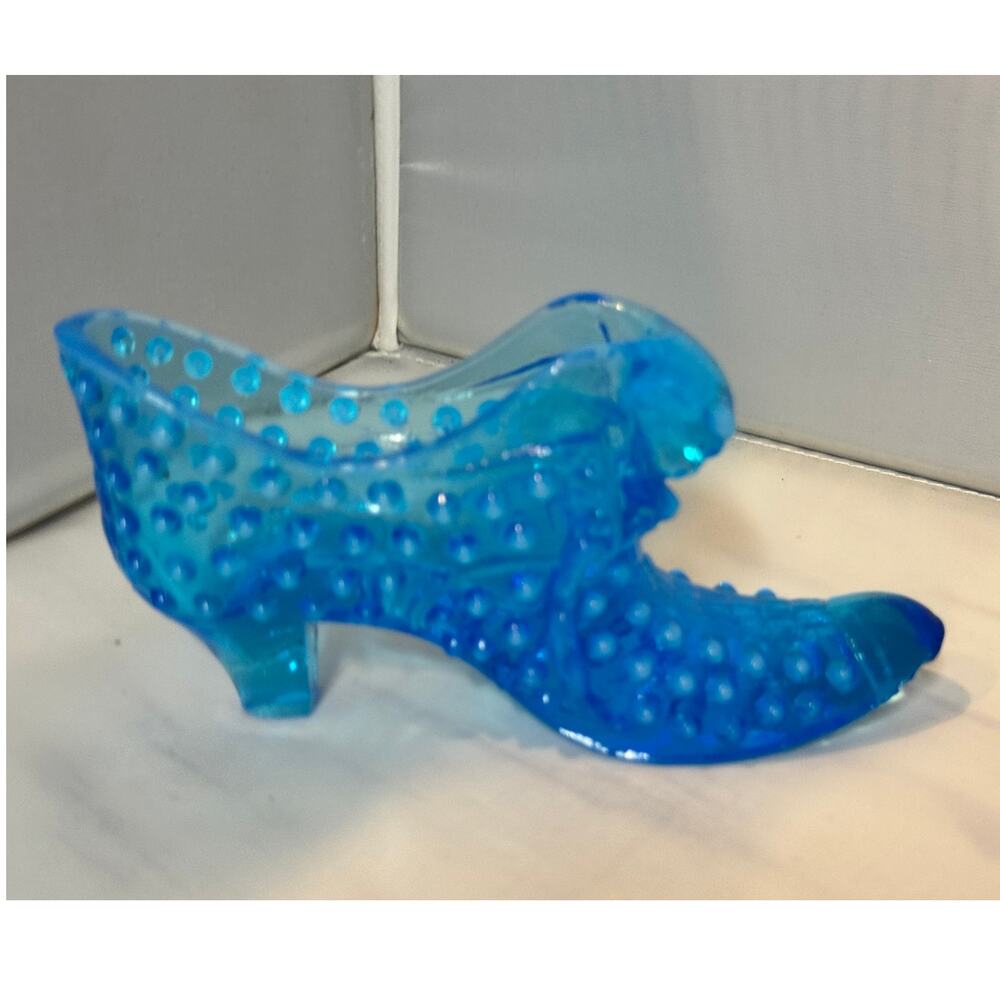 Fenton Blue Hobnail Cat Head Glass Shoe Figurine, vintage
